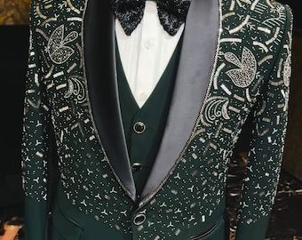 Emerald Hand embroidered Tuxedo suit, crystal work black tuxedo suit, Hand Embroidered Designer Tuxedo suit, Indian wedding suit, proms suit