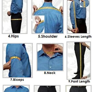 May include: Diagram showing how to measure different parts of the body for tailoring, including length, chest, stomach, hips, shoulder, sleeve length, biceps, neck, pant length, pant waist, thigh, and knee.