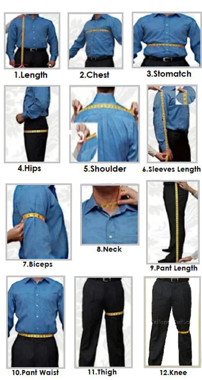 May include: Diagram showing how to measure different parts of the body for tailoring, including length, chest, stomach, hips, shoulder, sleeve length, biceps, neck, pant length, pant waist, thigh, and knee.