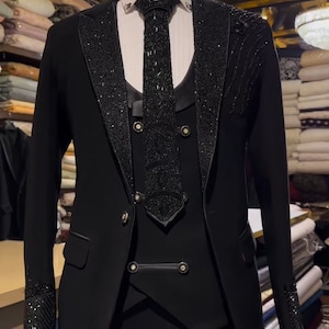 Black Hand embroidered Tuxedo suit,  zari golden work tuxedo suit, Hand Embroidered Designer Tuxedo suit, Indian wedding suit, custom size