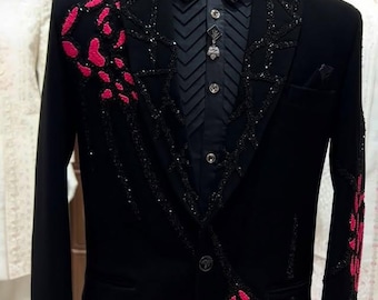 Red Black Sequin Blazer | Men's Designer Formal Jacket | Unique Party Wear | Handmade Sparkle Tuxedo | Prom Wedding Statement