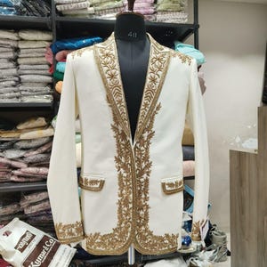 White Hand embroidered Tuxedo suit, zari golden work tuxedo suit, Hand Embroidered Designer Tuxedo suit, Indian wedding suit, proms tuxedo