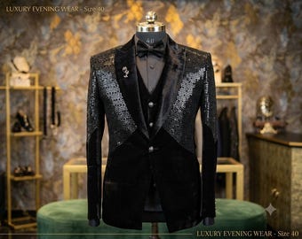 Traje de hombre de 3 piezas de terciopelo negro brillante para bodas y galas: blazer con lentejuelas y chaleco. Ropa formal de lujo a medida, esmoquin para graduación.