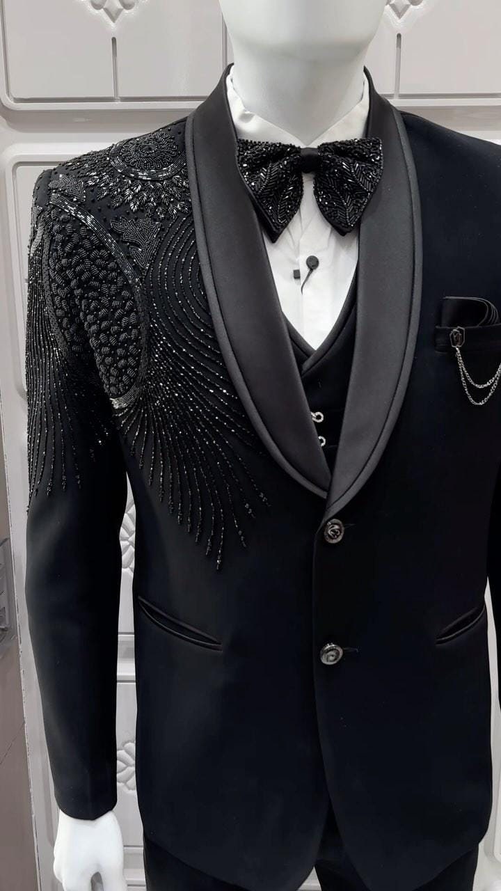 Designer Black Tuxedo, Wedding Tuxedo, 3 Piece Wedding Dress, Men Customisable Indian Ethnic wear, wedding Outfit for Men, Designer Men Suit