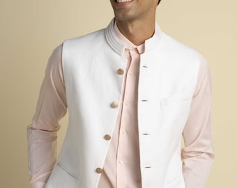 Classic White Linen Bandi, Waistcoat Pant, White Nehru Jacket, 3 Piece Linen Set, Wedding dress for Men, Diwali Wear for Men, Custom made