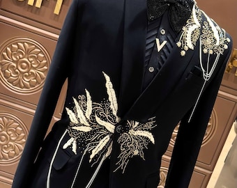 Royal Black Hand embroidered Tuxedo suit, zari golden work tuxedo suit, Hand Embroidered Designer Tuxedo suit, Indian wedding suit, tuxedo
