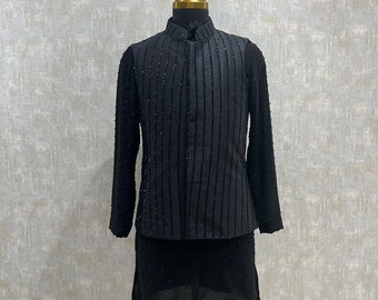 Designer Embroidered Nehru Jacket, black Waistcoat for Men, Kurta Pajama Set with Nehru Jacket, Men Diwali wear, Mens Wedding Dress