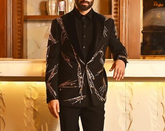 Black Hand embroidered Tuxedo suit,  tuxedo for groom, Hand Embroidered Designer Tuxedo suit, Indian wedding suit, prom tuxedo,  tuxedo