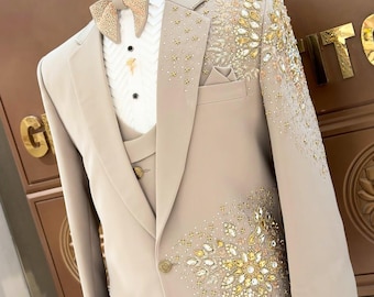 Beige Blumen Hand bestickt Smoking Anzug, Kristall Arbeit schwarz Smoking Anzug, Hand bestickt Designer Smoking Anzug, Hochzeitsanzug, proms Anzug