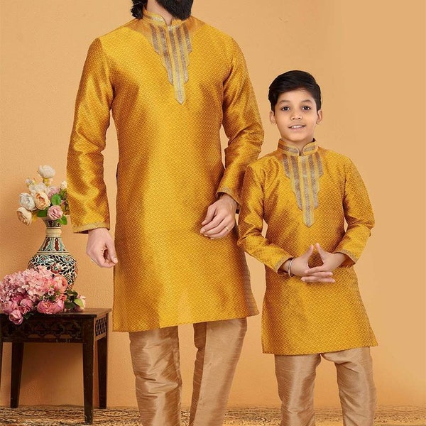 Father Son Indian Dress,  Gold Kurta set, Father son Matching Dress, Wedding Outfit,Ehtnic kids Wear, Indian Kids Party Wear, Men kurta Set