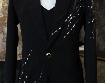 Black Hand embroidered Tuxedo suit,  crystal work black tuxedo suit, Hand Embroidered Designer Tuxedo suit, Indian wedding suit, proms suit