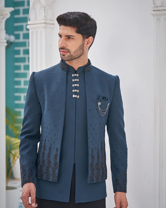 Buy Dark Seaweed Green Cutdana Embroidered Suede Jodhpuri Suit Online |  Samyakk