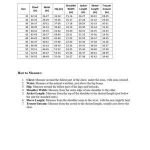 May include: A chart showing men's suit sizes from 32 to 54. The chart includes measurements for chest, waist, hip, shoulder width, jacket length, sleeve length, and trouser inseam in inches.