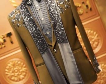 Olive Hand embroidered Tuxedo suit,  crystal work black tuxedo suit, Hand Embroidered Designer Tuxedo suit, Indian wedding suit, proms suit