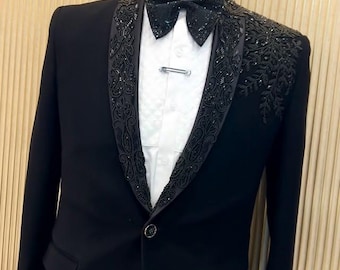 Black Hand embroidered Tuxedo suit,  zari golden work tuxedo suit, Hand Embroidered Designer Tuxedo suit, Indian wedding suit, custom size