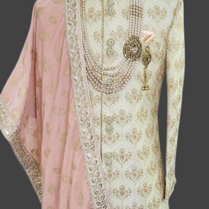 Sherwani for Men,Sherwani with Pagdi, wedding sherwani with pink Shawl, Indian Sherwani, Indian traditional wear, Handmade, Made to Order