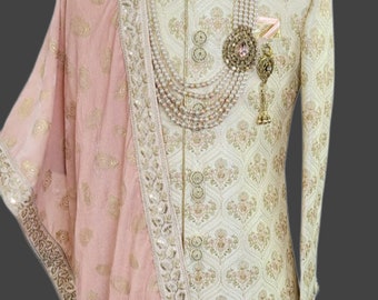 Sherwani for Men,Sherwani with Pagdi, wedding sherwani with pink Shawl, Indian Sherwani, Indian traditional wear, Handmade, Made to Order