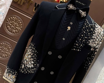 Traje de esmoquin bordado a mano en negro brillante, esmoquin para novio, traje de esmoquin de diseñador bordado a mano, traje de boda indio, esmoquin de graduación