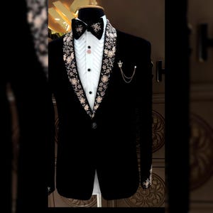 Black Hand embroidered Tuxedo suit,  crystal work black tuxedo suit, Hand Embroidered Designer Tuxedo suit, Indian wedding suit, proms suit