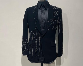 Black Hand embroidered Tuxedo suit,  tuxedo for groom, Hand Embroidered Designer Tuxedo suit, Indian wedding suit, prom tuxedo,  tuxedo
