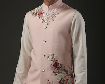 Designer Embroidered Nehru Jacket, Pink Waistcoat for Men, Chooridar Kurta Pajama Set with Nehru Jacket, Men Diwali wear, Mens Wedding Dress