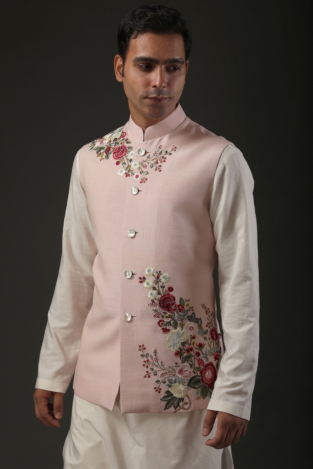 Sojanya (Since 1958) Men's Silk Blend Off White Kurta Pyjama & Pink  Nehrujacket Combo