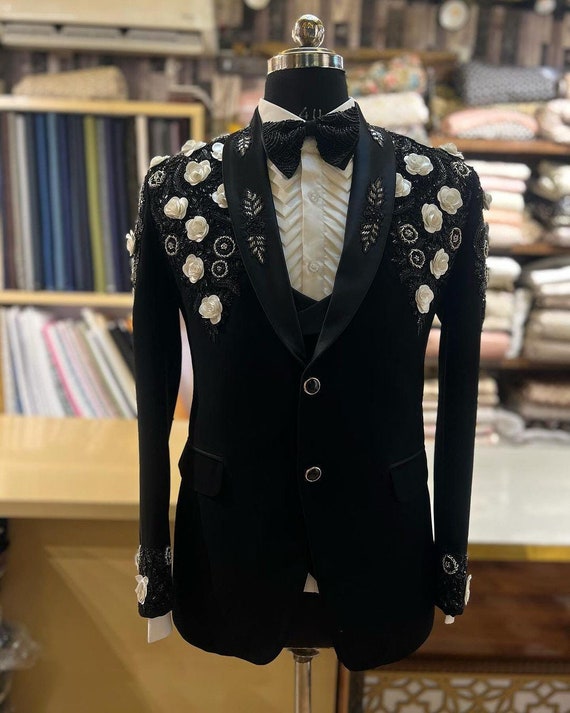 Black Hand Embroidered Tuxedo Suit, Zari Golden Work Tuxedo Suit 