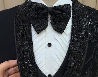 Black Hand embroidered Tuxedo suit,  crystal work black tuxedo suit, Hand Embroidered Designer Tuxedo suit, Indian wedding suit, proms suit