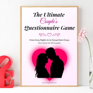 May include: A framed print with the text "The Ultimate Couple's Questionnaire Game." The print features a pink heart with a silhouette of a couple. A red "LOVE" sign and a vase of pink flowers are in the foreground.