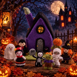 Puede incluir: Una casa encantada tejida de color morado con techo negro, acompañada de pequeñas figuras de ganchillo que incluyen un fantasma, vampiro, esqueleto, momia, calabaza y bruja, dispuestas sobre una superficie de madera con hojas de otoño.