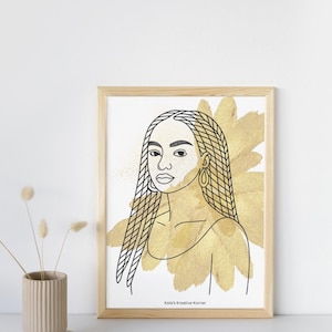 Box Braids Portrait Line Art | Afrocentric Wall Art PDF | Minimalist Black Woman Print | Digital Download
