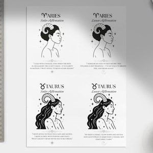 Cartes d'affirmation du zodiaque | Jeu de cartes solaire et lunaire à imprimer | 24 citations de signe astrologique en noir et blanc | Téléchargement numérique pour prendre soin de vous