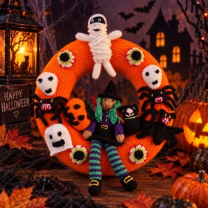 Op de afbeelding: Een feloranje gebreide krans versierd met diverse gehaakte Halloween-figuren, waaronder een witte mummie, een heks met groen haar, een zwarte kat, spinnen, spoken en oogballen. In het midden bevindt zich een heksenpop met gestreepte benen.