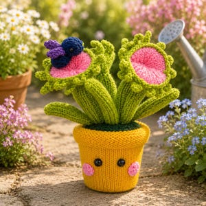 May include: A knitted yellow pot with two black eyes and pink cheeks containing two green crocheted Venus flytrap plants with pink centers. A small dark blue and purple crocheted bee is perched on the edge of one of the green plant traps.