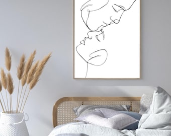 Paar Kuss Line Art – Minimalistische romantische Wandkunst – digital druckbar – moderne schwarz-weiße Zeichnung