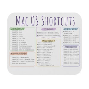 Mac OS Keyboard shortcuts Mouse Pad (Rectangle) version 2; Mac Keyboard cheat sheet; Mac OS cheat sheet; MacBook cheat sheet; apple computer
