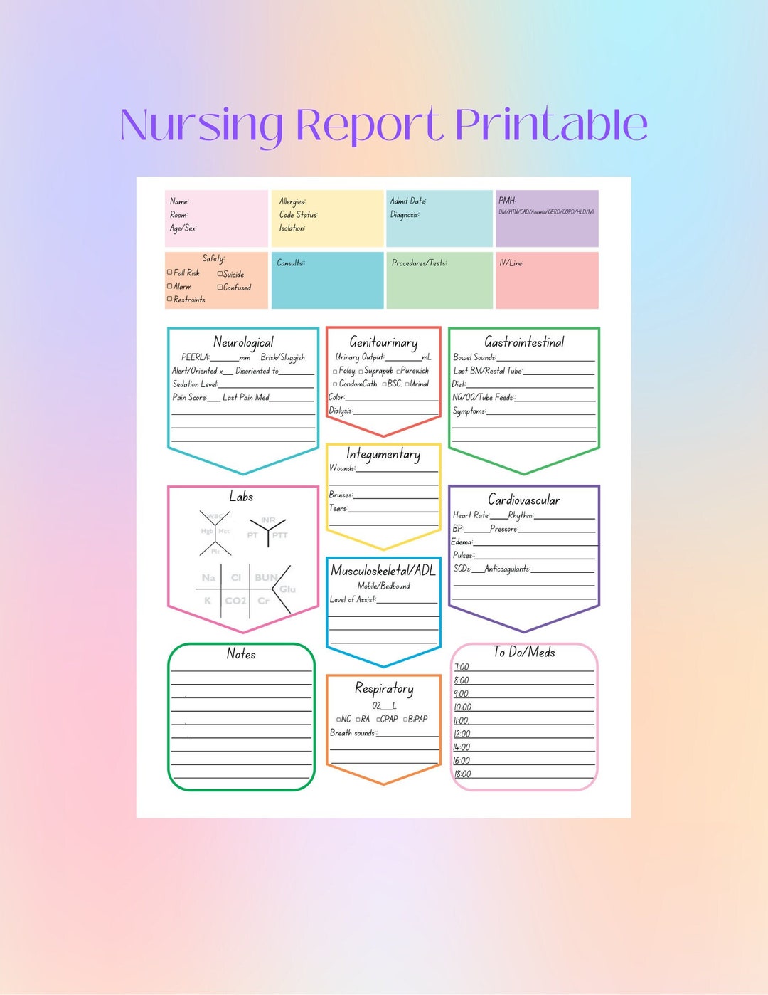 Nursing Report Sheet Printable; Nurse Brain Sheet; Day Shift Nurse ...