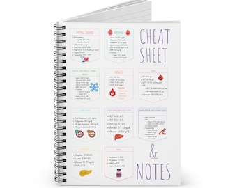 May include: A spiral-bound notebook with a white cover featuring medical information. The cover displays the words "CHEAT SHEET & NOTES" in purple, along with various medical data categories such as "VITAL SIGNS" and "RENAL". The notebook is open, revealing detailed charts.