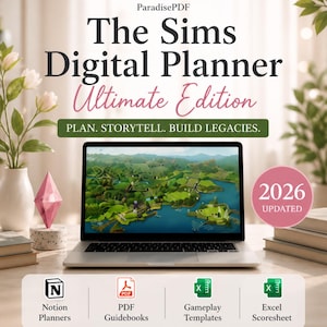 May include: A laptop displays a landscape from The Sims game, with the text "The Sims Digital Planner Ultimate Edition." The image includes icons for Notion Planners, PDF Guidebooks, Gameplay Templates, and Excel Scoresheet. The text "2026 Updated" is also visible.