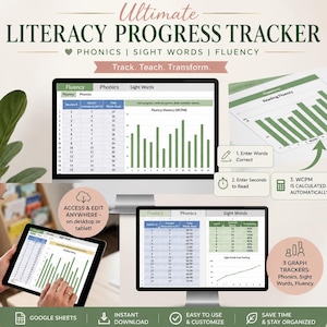 Literacy Skills Tracker | Phonics, Sight Words, Fluency (Excel Spreadsheet)