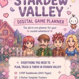 Pu&ograve; includere: Pianificatore di gioco digitale per Stardew Valley, con testo viola e illustrazioni dei personaggi. Include guide, modelli di tracciamento e minigiochi. Il testo recita: "Tutto ci&ograve; di cui hai bisogno per pianificare, monitorare e prosperare a Stardew Valley!"