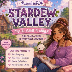 Pu&ograve; includere: Pianificatore di giochi digitale per Stardew Valley, con una donna, guide e tracker Notion. Include mini-giochi e guide per giocatori accoglienti. Il pianificatore aiuta a tenere traccia di tutto, costruire amicizie e pianificare la fattoria perfetta.