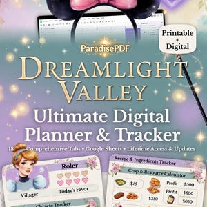 May include: Digital planner and tracker featuring the text "DREAMLIGHT VALLEY" and "Ultimate Digital Planner & Tracker." The image includes a pink bow, a purple heart, and various tracker elements with illustrations of animals and food.