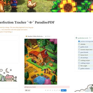 Pu&ograve; includere: Una pagina web intitolata "Stardew Valley Perfection Tracker" con un'illustrazione colorata di una scena di fattoria. La pagina include collegamenti rapidi, una lista di controllo e un disegno di una casa e montagne. Il testo "ParadisePDF" &egrave; visibile.