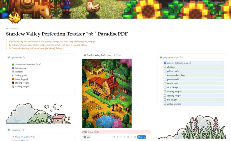 Pu&ograve; includere: Una pagina web intitolata "Stardew Valley Perfection Tracker" con un'illustrazione colorata di una scena di fattoria. La pagina include collegamenti rapidi, una lista di controllo e un disegno di una casa e montagne. Il testo "ParadisePDF" &egrave; visibile.