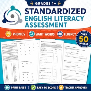 以下が含まれることがあります： 「STANDARDIZED ENGLISH LITERACY ASSESSMENT」のテキストが入った、1年生以上のための白と青の教育評価。フォニックス、サイトワード、流暢さをカバーし、50ページ以上。 「PRINT & USE」、「EASY TO SCORE」、「TEACHER APPROVED」のラベルが含まれています。