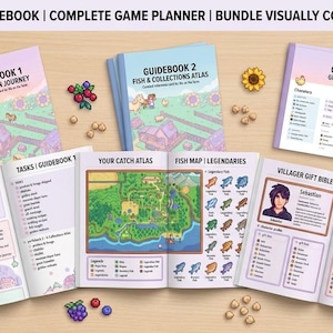 Pu&ograve; includere: Un pacchetto di tre guide e pianificatori aperti con illustrazioni colorate. Le guide sono intitolate "Guidebook 1 Perfection Journey", "Guidebook 2 Fish & Collections Atlas" e "Guidebook 3 Gift Bible Close-Up". Il testo "ULTIMATE GUIDEBOOK | COMPLETE GAME PLANNER | BUNDLE VISUALLY CONCEPTUALIZED" &egrave; in alto.