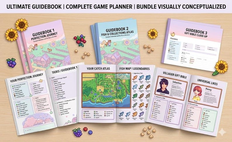 Pu&ograve; includere: Un pacchetto di tre guide e pianificatori aperti con illustrazioni colorate. Le guide sono intitolate "Guidebook 1 Perfection Journey", "Guidebook 2 Fish & Collections Atlas" e "Guidebook 3 Gift Bible Close-Up". Il testo "ULTIMATE GUIDEBOOK | COMPLETE GAME PLANNER | BUNDLE VISUALLY CONCEPTUALIZED" &egrave; in alto.