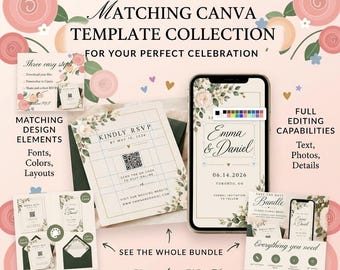 May include: A digital Canva template collection for wedding stationery featuring floral designs. The set includes an RSVP card with a QR code, a mobile phone displaying an invitation for Emma and Daniel, and instructional graphics for editing fonts, colours, and layouts.