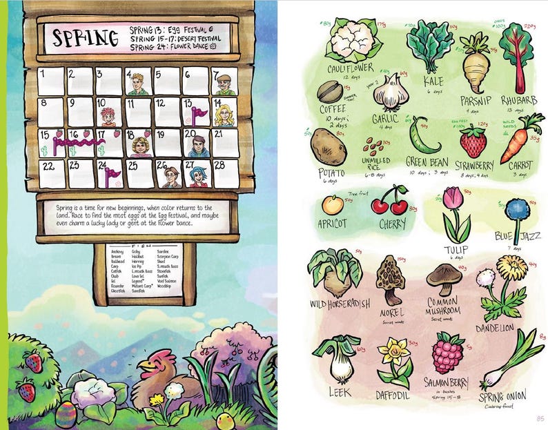 Pu&ograve; includere: Una pagina illustrata di un libro con un calendario primaverile e disegni di prodotti primaverili. Il calendario mostra date con piccole illustrazioni di personaggi. L'altra pagina mostra illustrazioni di verdure e fiori.